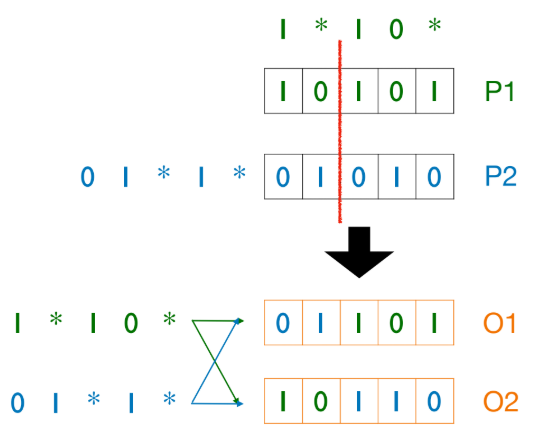 p.26-30: Example of schemas (building blocks) being recombined and disrupted by crossover